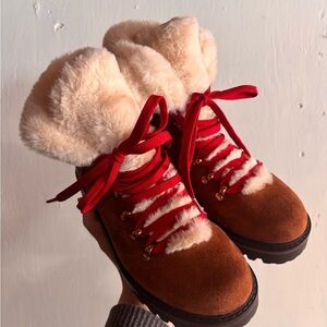 Faux Fur Lined Brown Boots with Red Laces